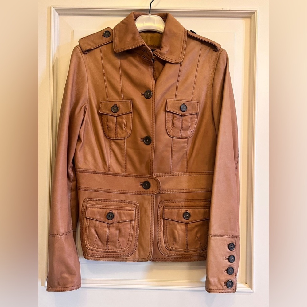 Vintage Y2K Zara Tan Leather Jacket Tailored Fit Hip Length